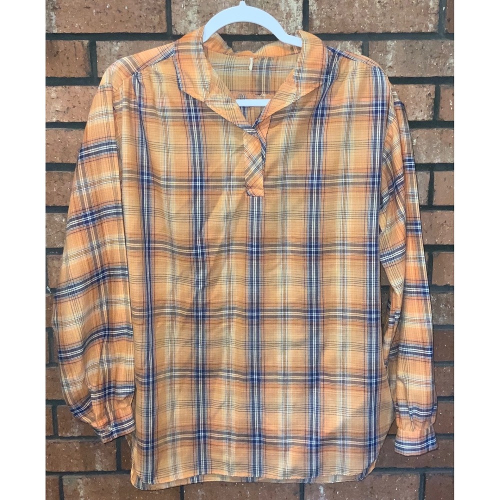 Vintage Orange Blue Plaid Pullover Blouse Long Sleeve Split Neck Top